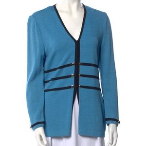 St. John’s 90s Knit Oversized Blue w Black Trim Cardigan Blazer w Shoulder Pads